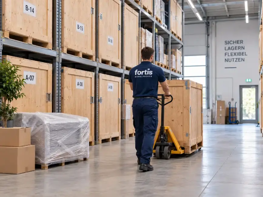 Eingelagerte Möbel von Fortis stehen abgedeckt und beschriftet in einer trockenen Lagerhalle