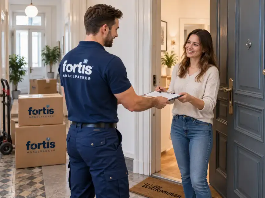 Fortis Möbelpacker verladen zügig Kartons in den bereitstehenden Transporter