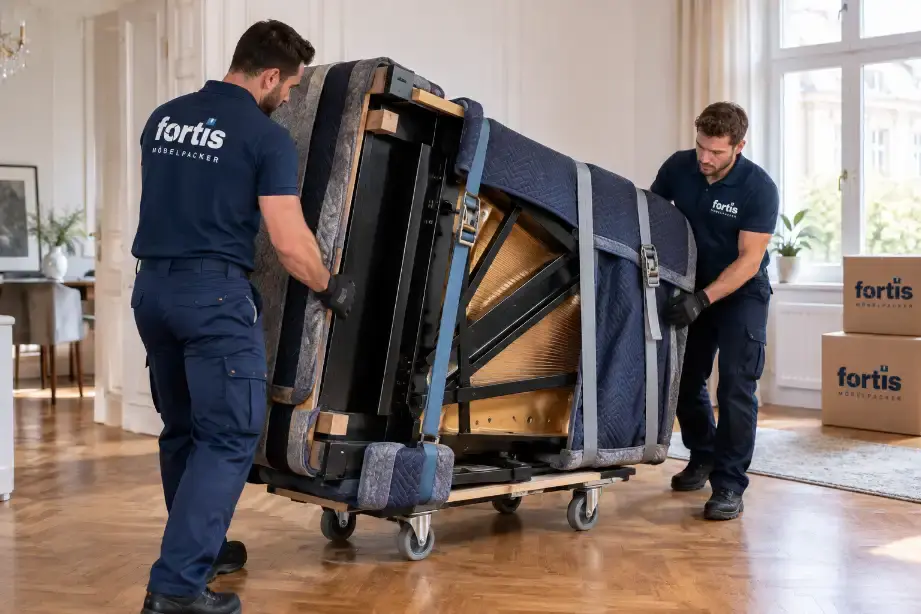 Fortis Team transportiert ein gepolstertes Klavier auf einem Spezialrollwagen