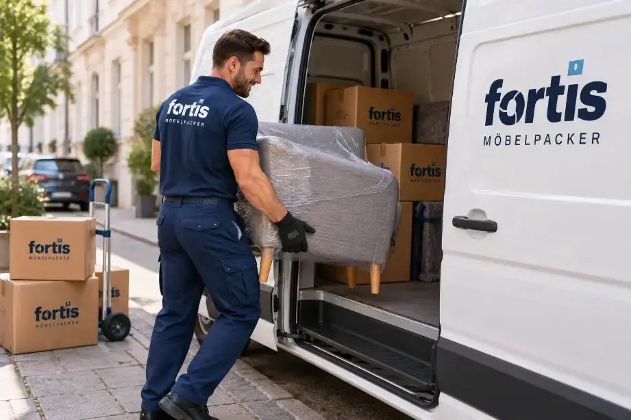 Kleintransporter von Fortis wird mit wenigen Kartons und einem Möbelstück beladen