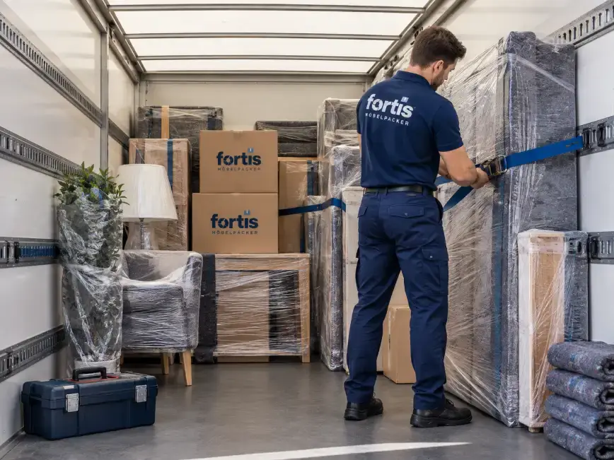 Zwei Möbelpacker von Fortis tragen ein verpacktes Sofa zum Transporter