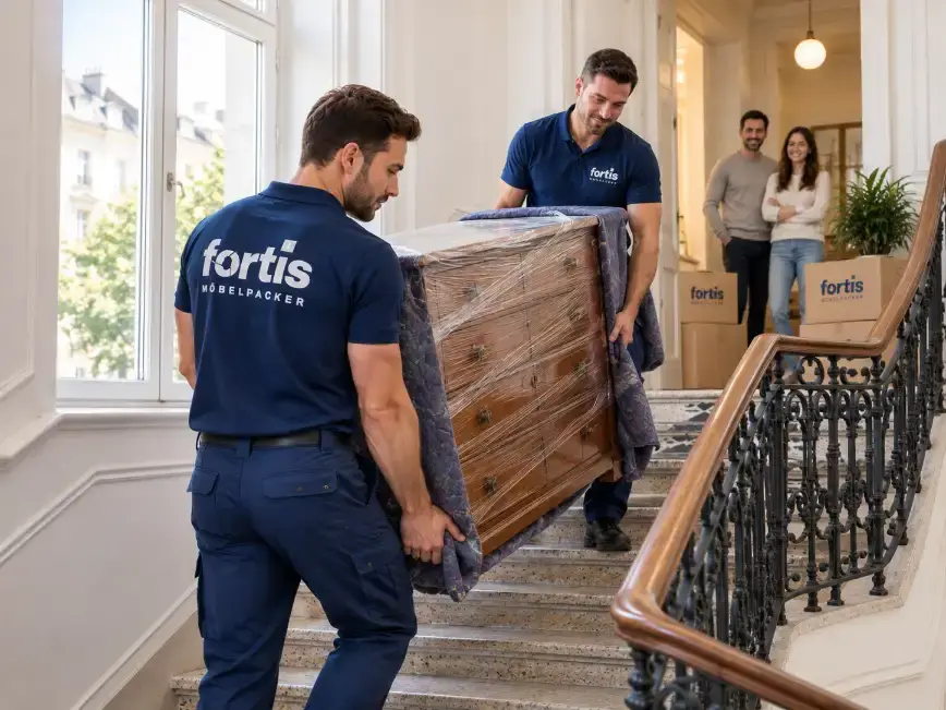 Möbelpacker von Fortis tragen gemeinsam ein verpacktes Möbelstück aus einem Wiener Altbau