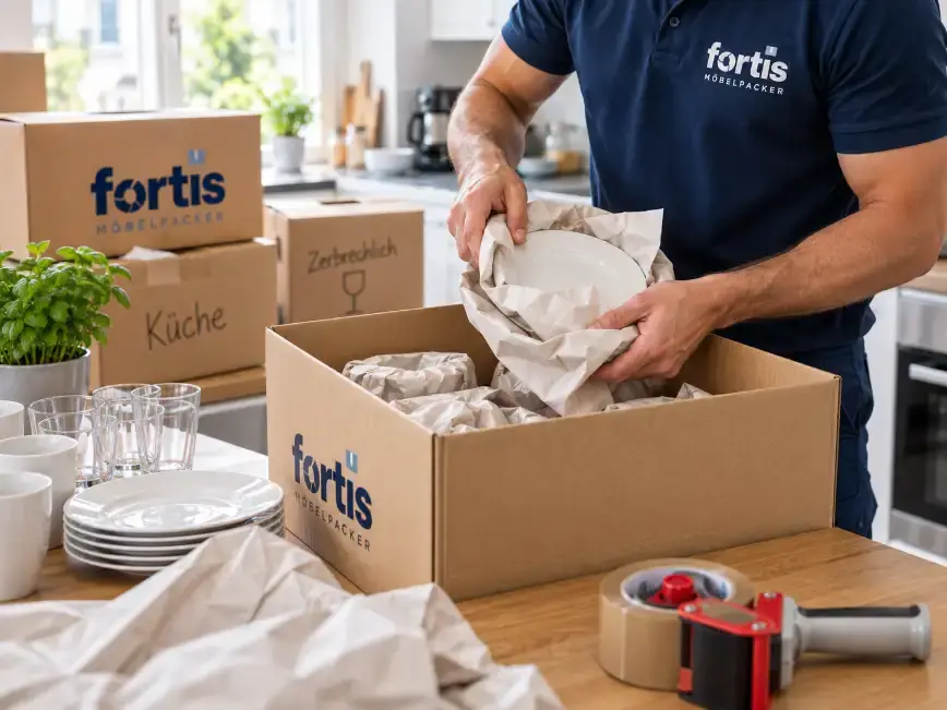 Beschriftete Umzugskartons und Packmaterial von Fortis stehen in einer Wohnung bereit