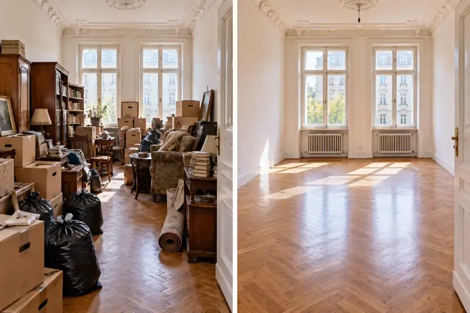 Vergleich einer vollgeräumten und derselben besenrein geräumten Wohnung nach der Räumung durch Fortis